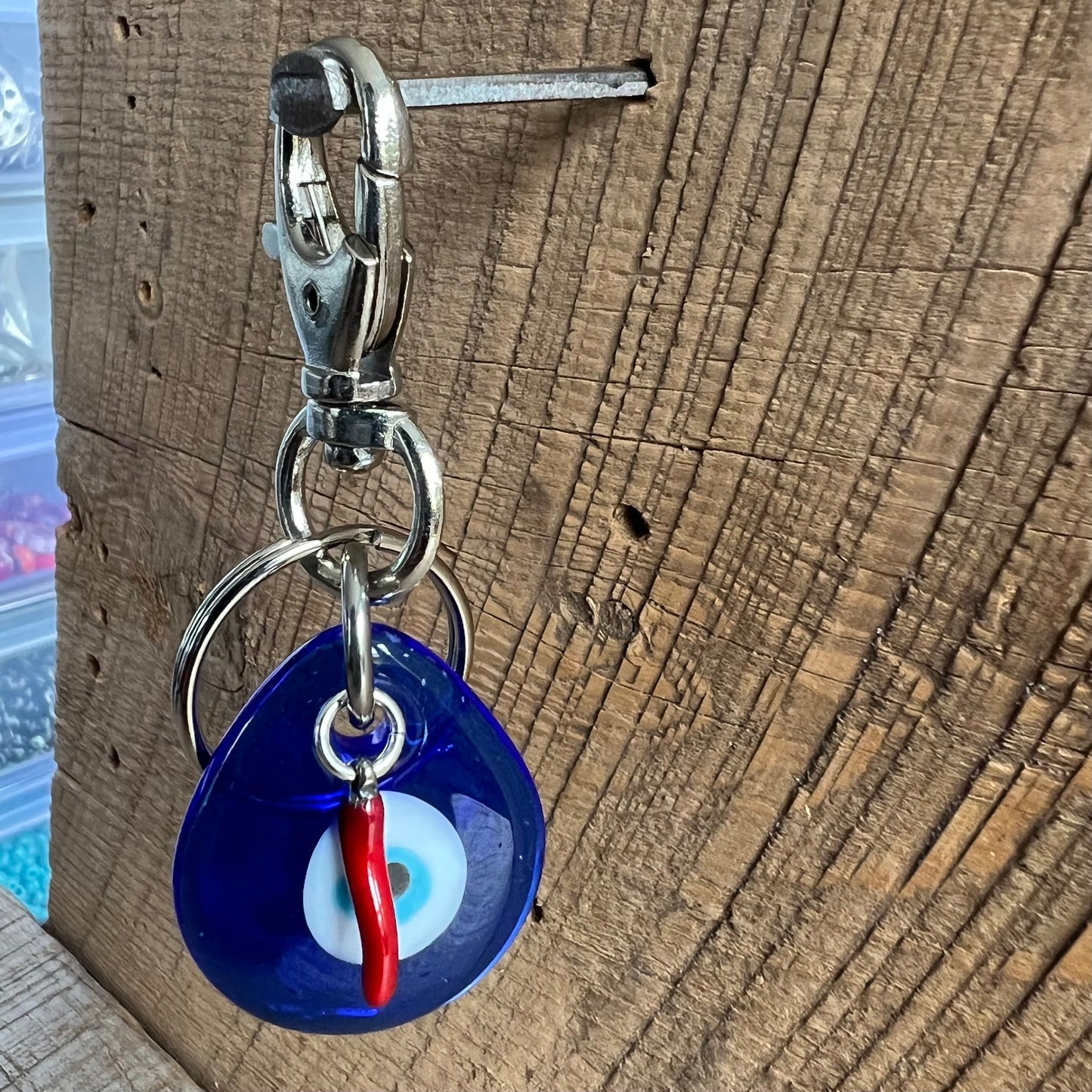 SariBlue® Blue Teardrop Evil Eye Keychain with Red Cornicello Charm