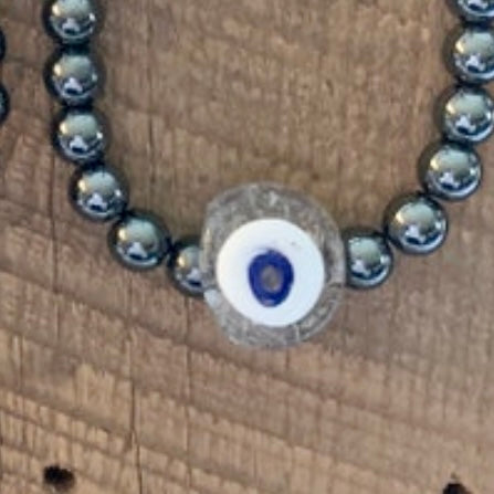 SariBlue® Good Vibes Flat Glass Evil Eye Handmade Turkish Bead and Hematite Bracelet