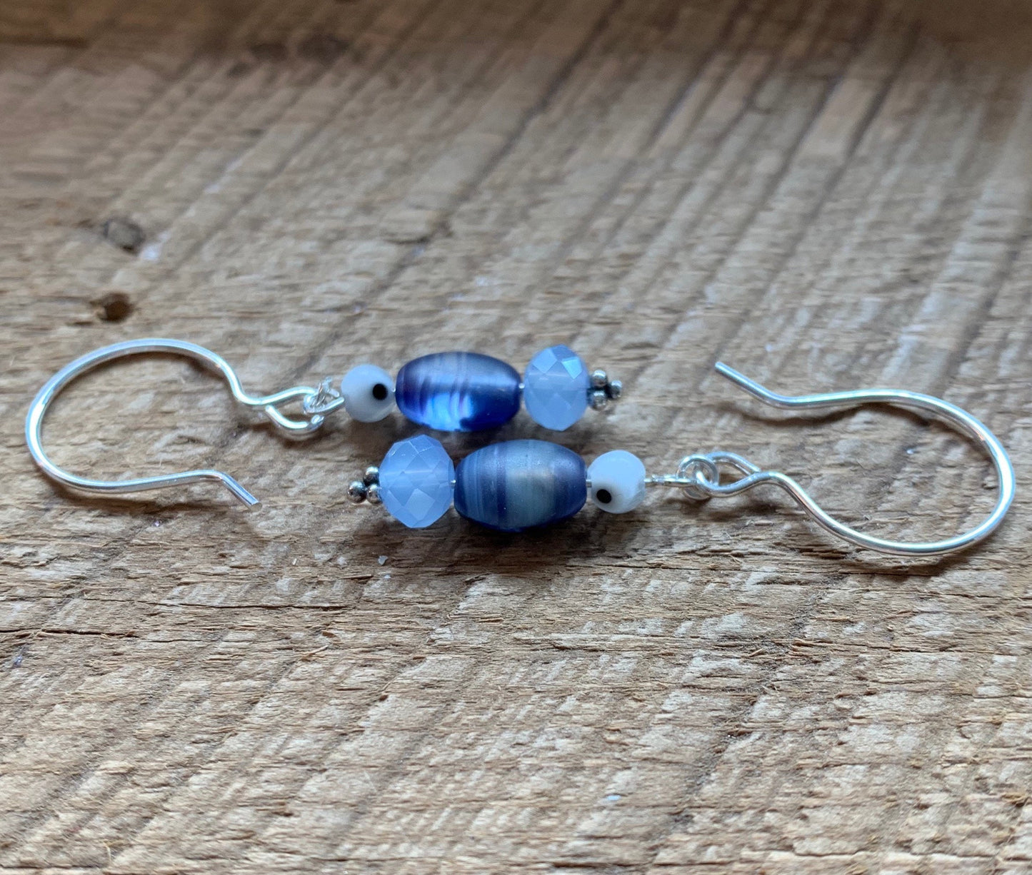 SariBlue® Tiny Navy Blue Striated Czech Glass Beads with Clear Evil Eyes Earrings