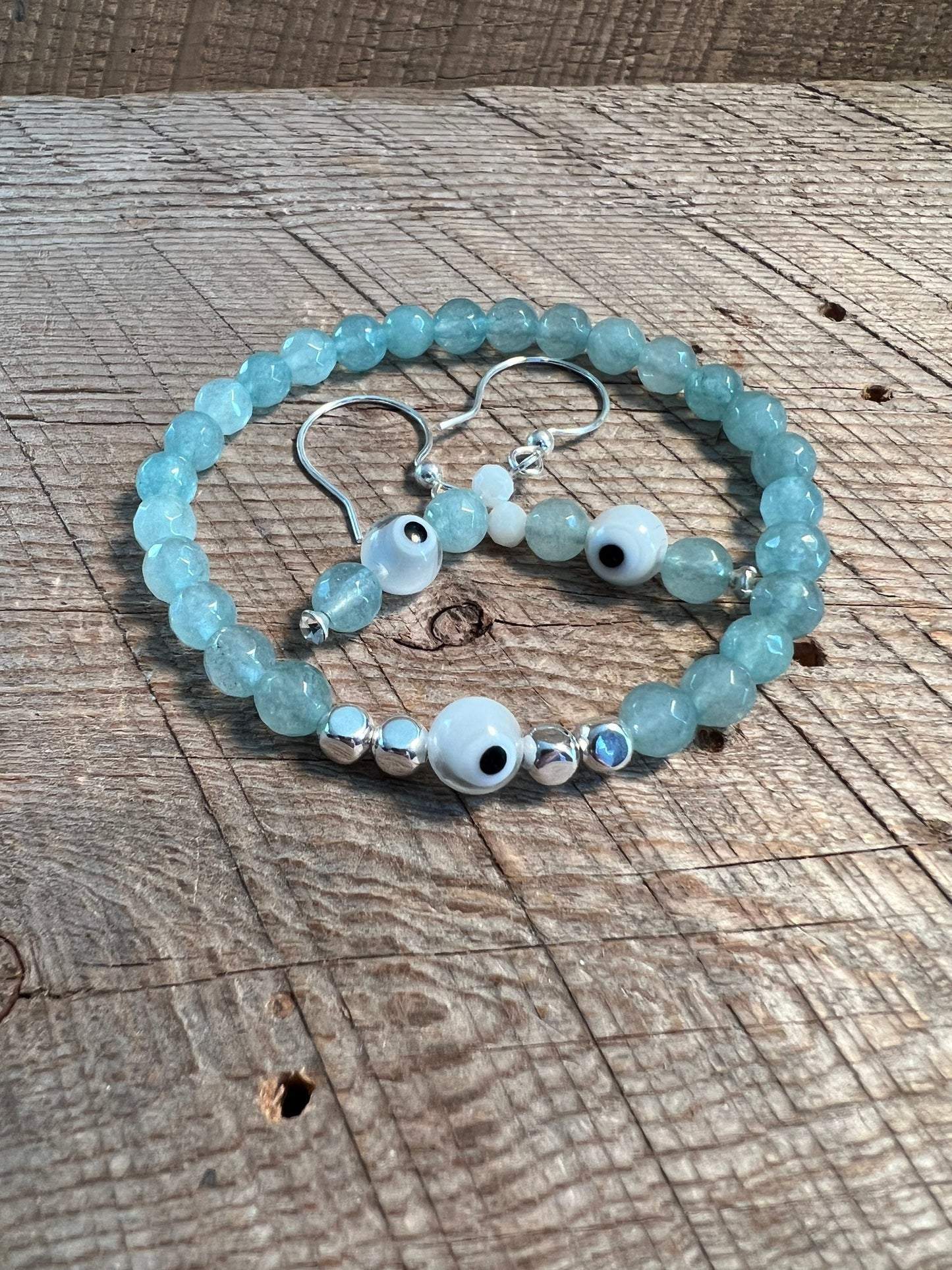 SariBlue® Aqua Quartzite Earrings with Clear Evil Eye on Sterling Silver Hooks