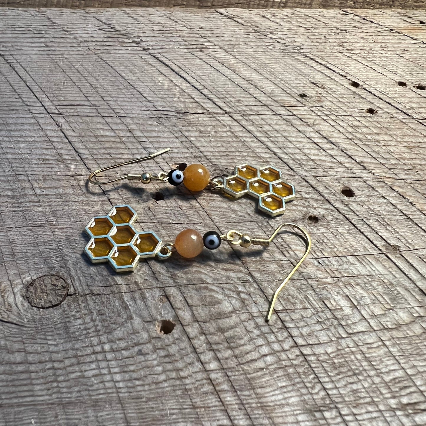 SariBlue® Honeycomb Golden Quartzite and Evil Eye Earrings