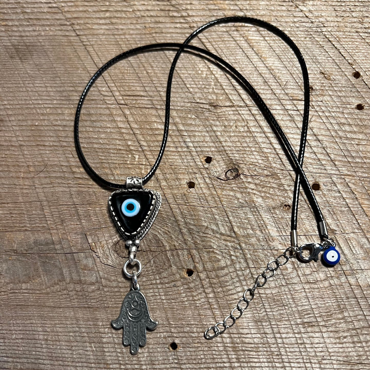 SariBlue® Dark Blue Triangle Evil Eye Pendant with Hamsa Charm Necklace