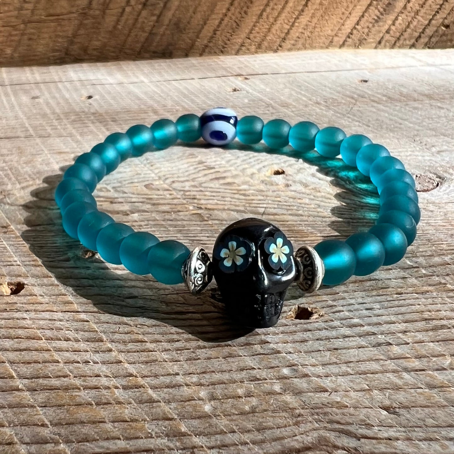 SariBlue® Forget Me Not Sugarskull Bracelet with Evil Eye