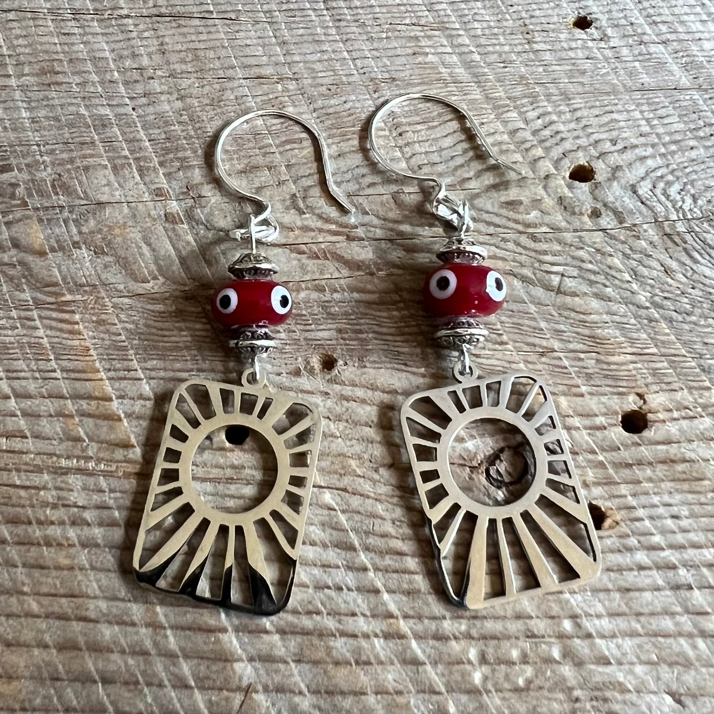 SariBlue® Sunburst with Deep Red Evil Eye Earrings