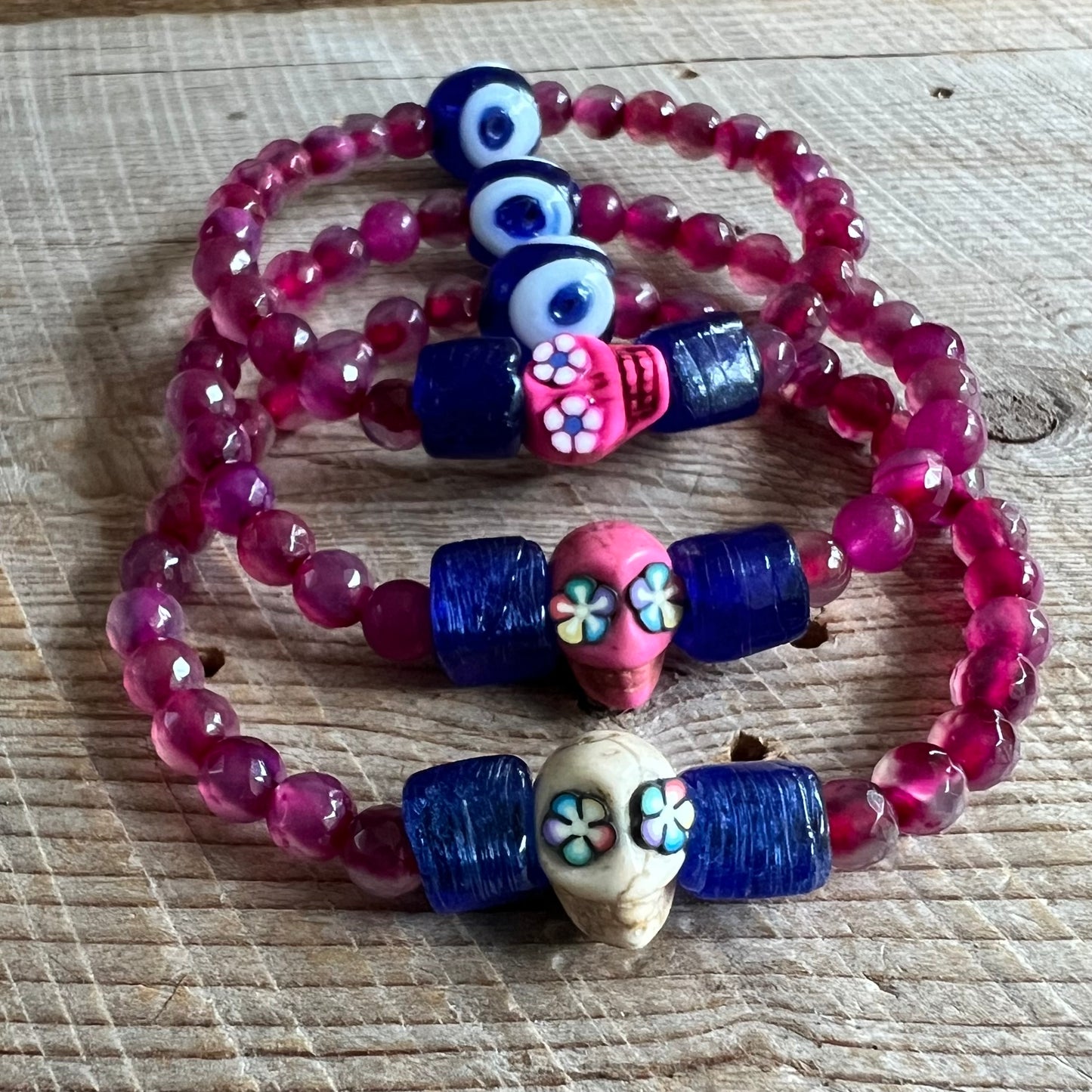 SariBlue® Handmade Sugarskull Bracelet with Navy Accents and Bright Pink Agate