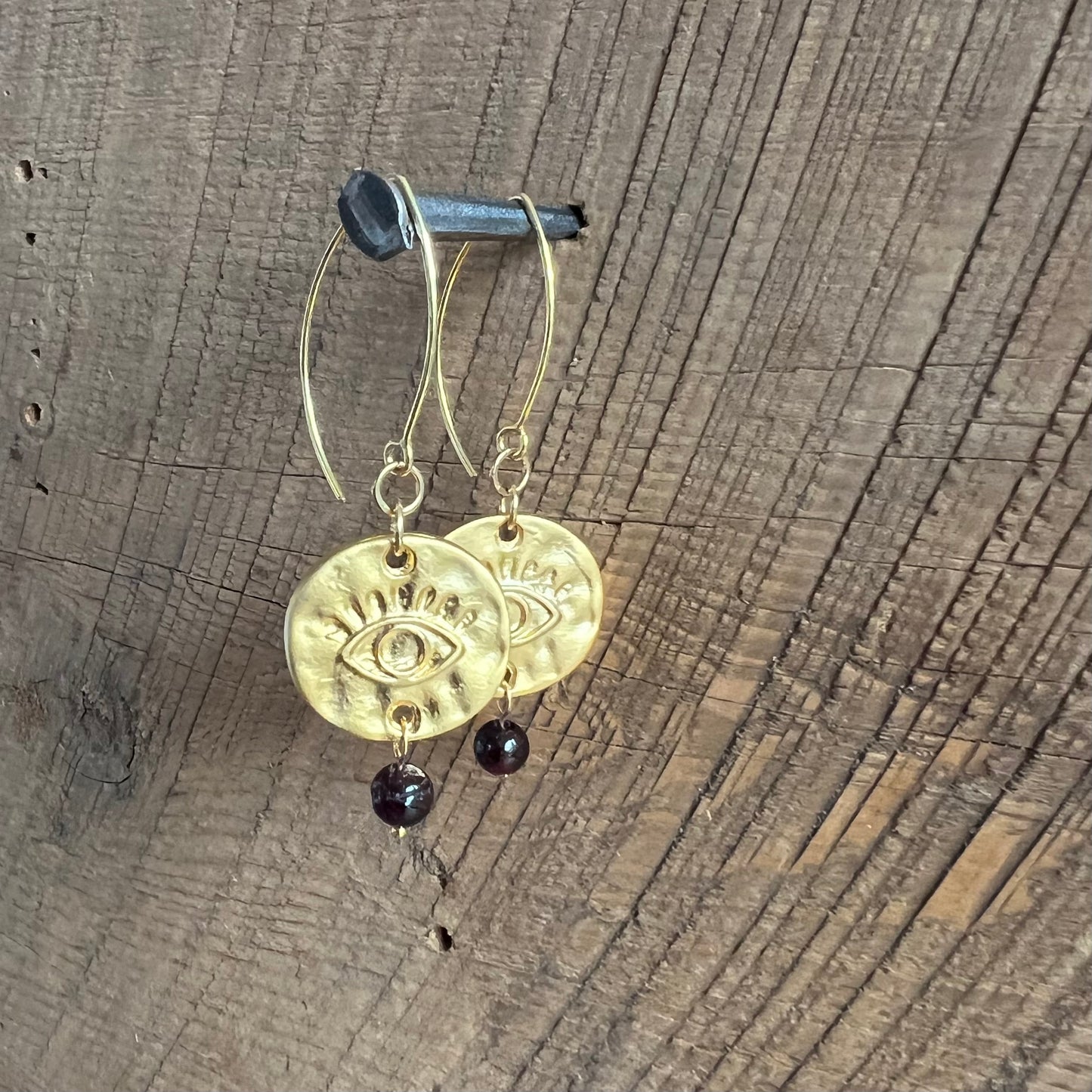 SariBlue® Garnet and Gold All Seeing Eye Earrings