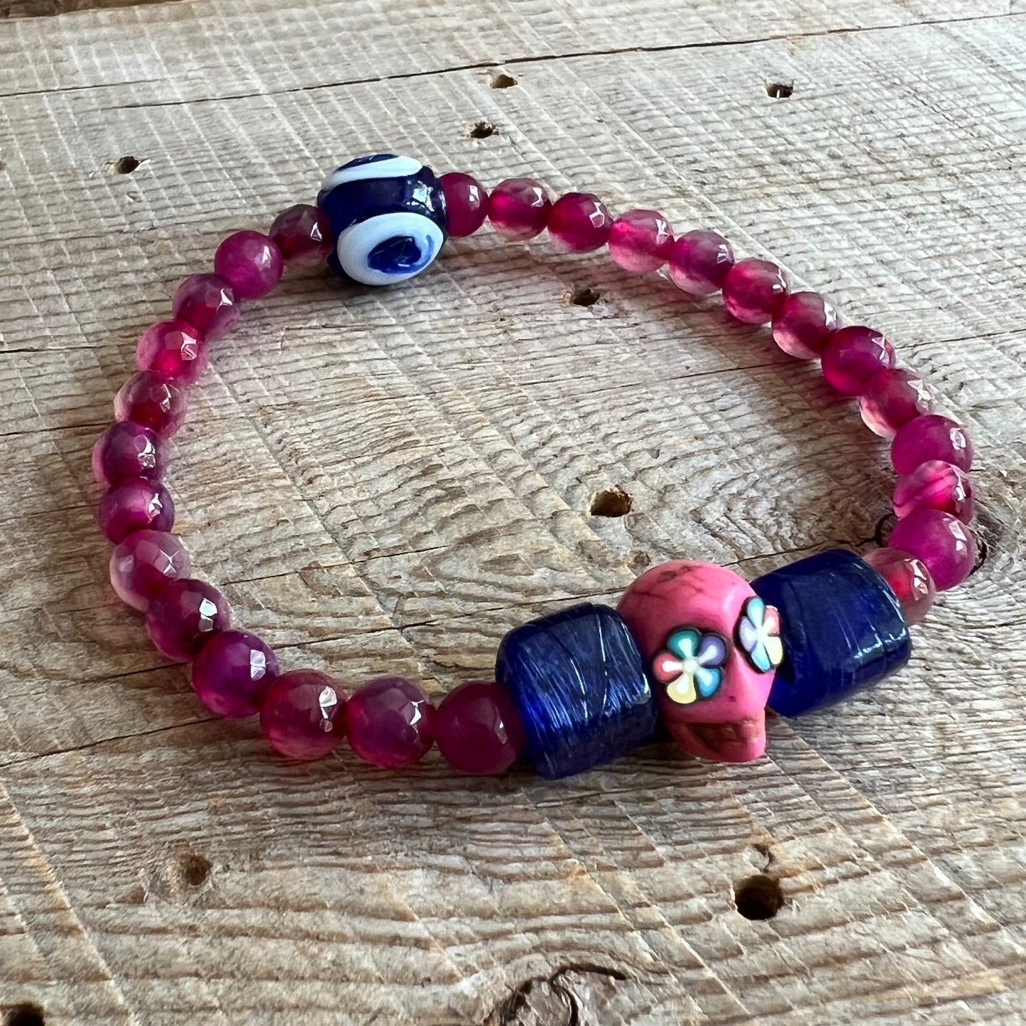 SariBlue® Handmade Sugarskull Bracelet with Navy Accents and Bright Pink Agate