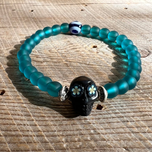 SariBlue® Forget Me Not Sugarskull Bracelet with Evil Eye