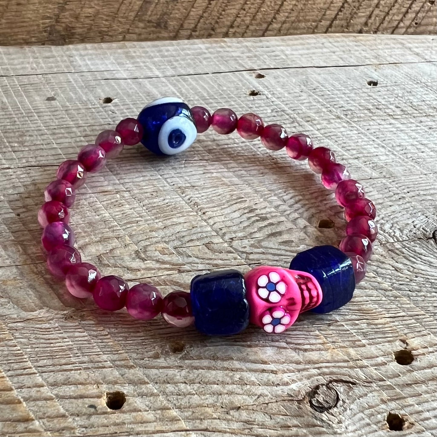 SariBlue® Handmade Sugarskull Bracelet with Navy Accents and Bright Pink Agate