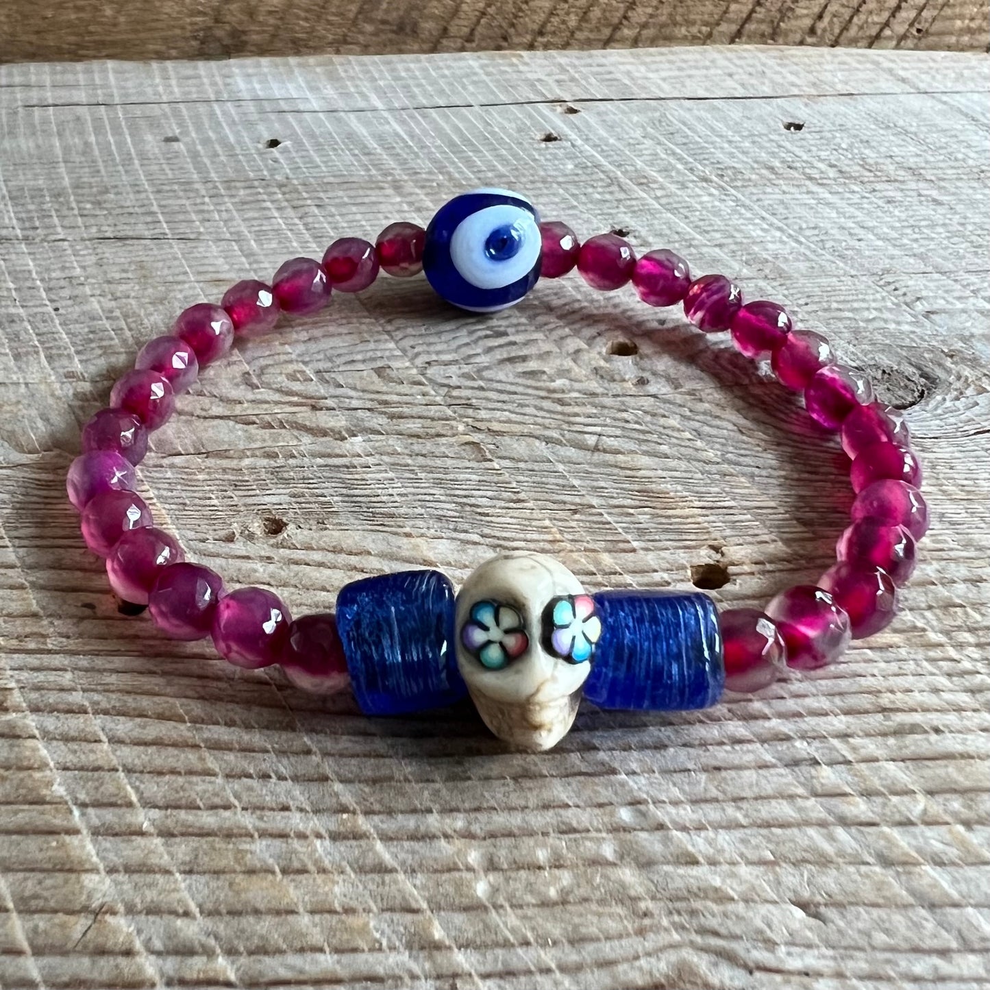 SariBlue® Handmade Sugarskull Bracelet with Navy Accents and Bright Pink Agate