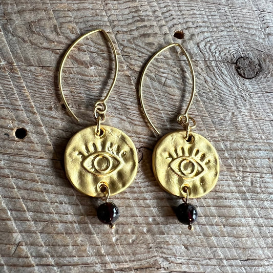 SariBlue® Garnet and Gold All Seeing Eye Earrings