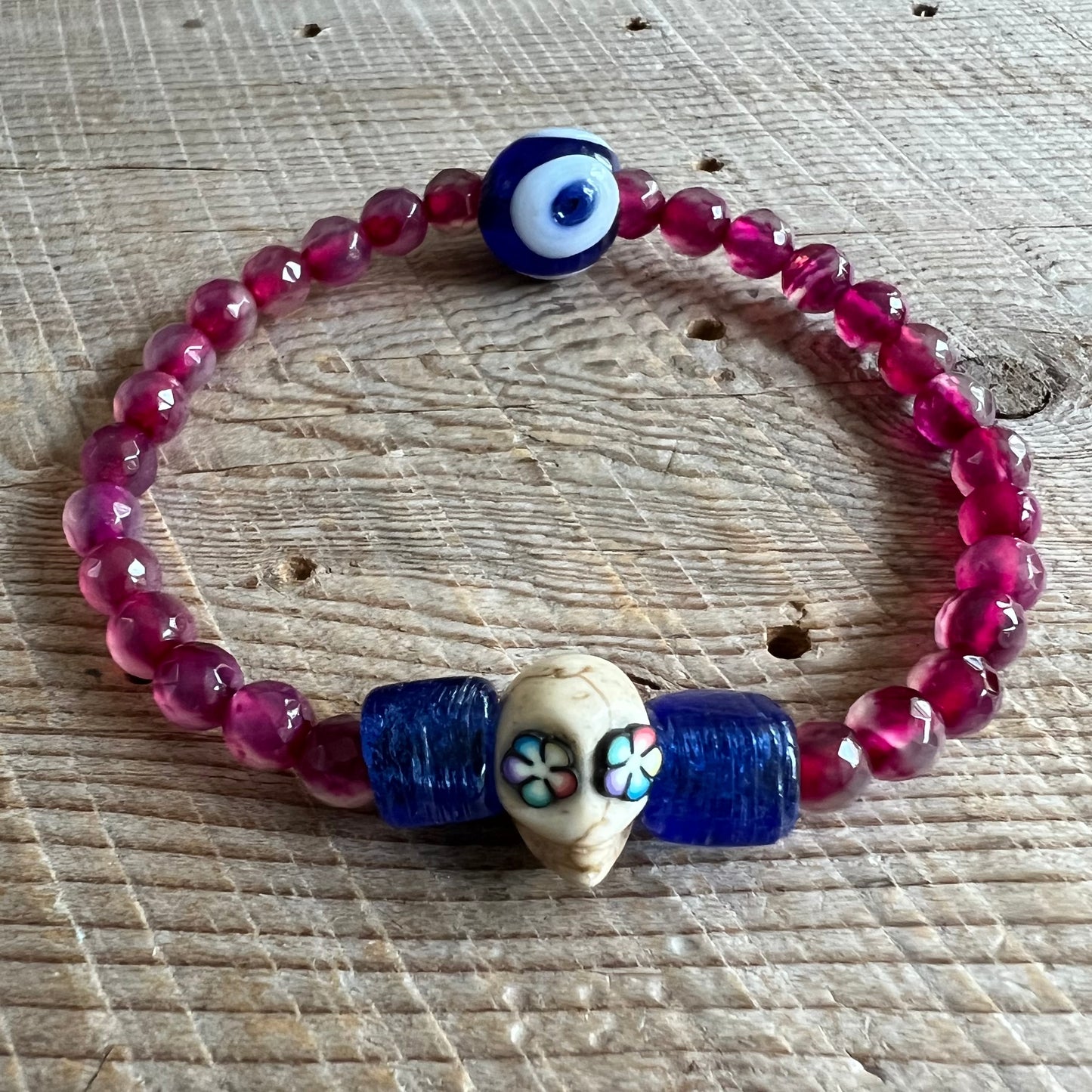 SariBlue® Handmade Sugarskull Bracelet with Navy Accents and Bright Pink Agate