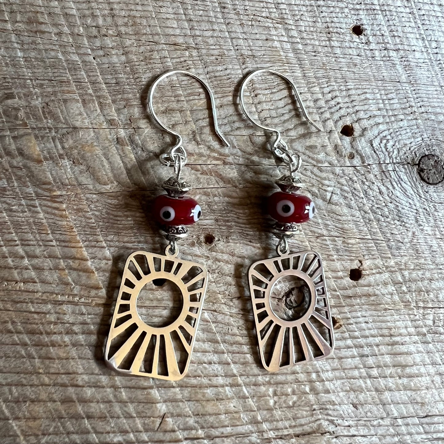SariBlue® Sunburst with Deep Red Evil Eye Earrings