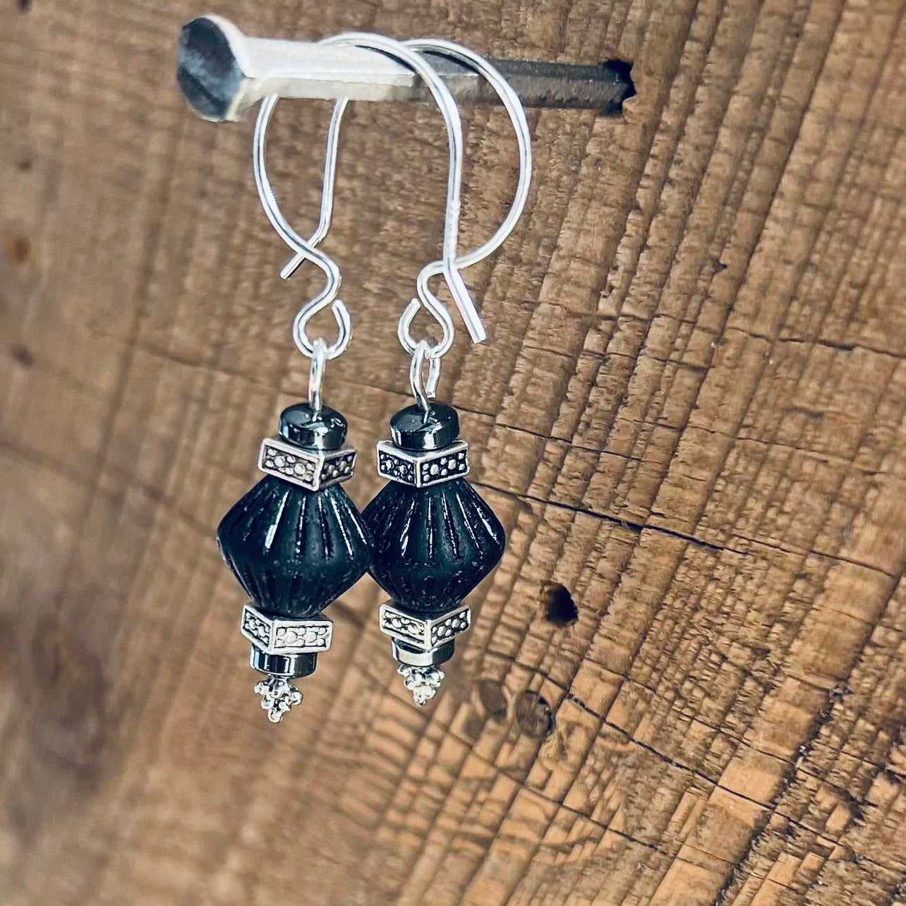 SariBlue®️ Midnight Pressed Czech Glass with Hematite Earrings