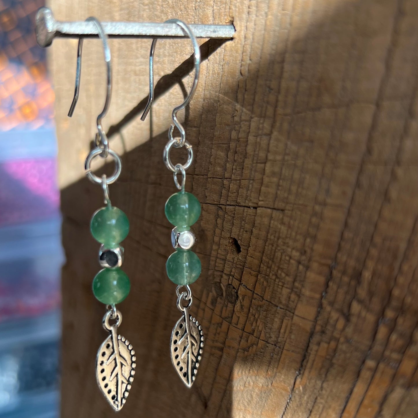 SariBlue® Elita Green Aventurine Earrings with Leaf Charm and Sterling Silver Hooks and Accent Beads