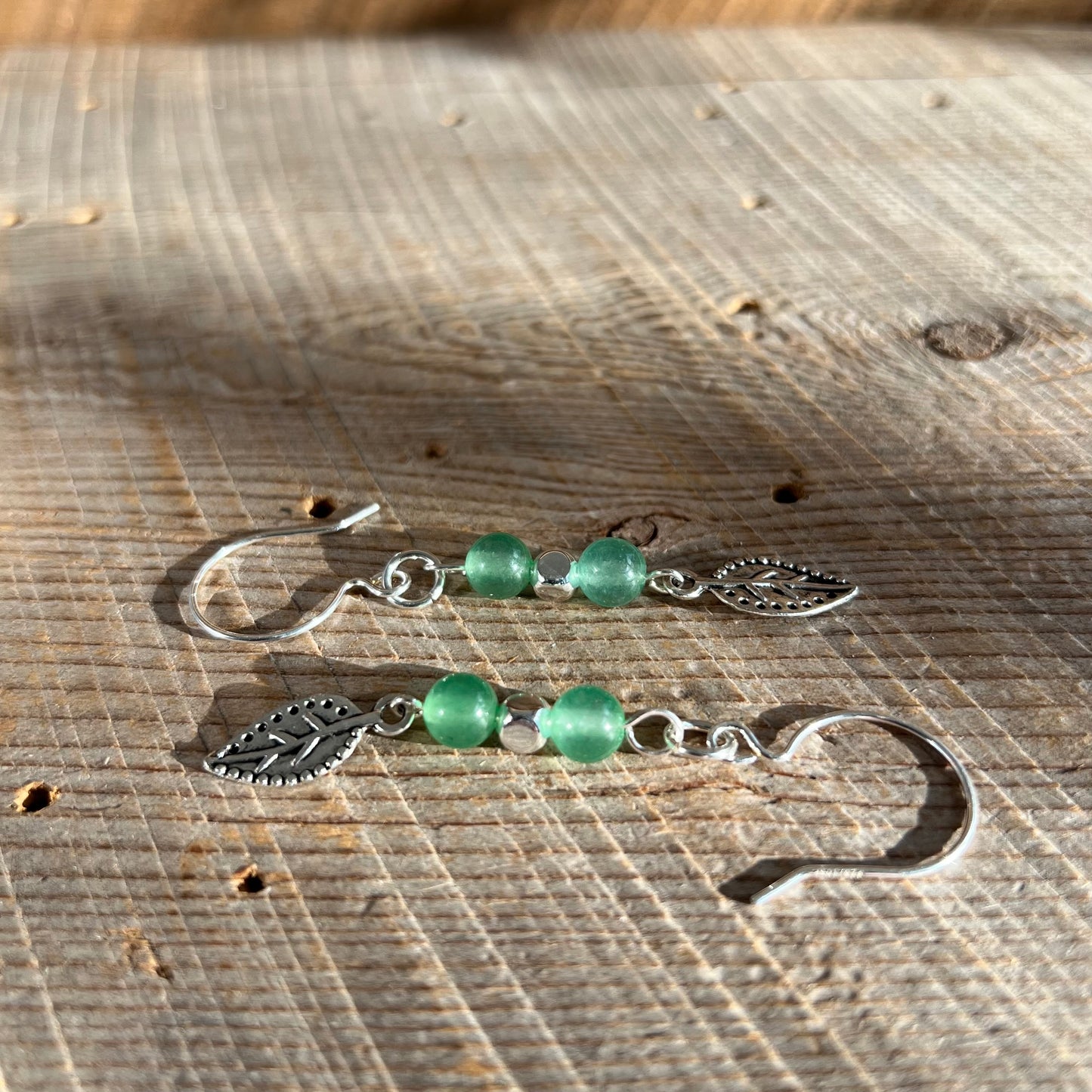 SariBlue® Elita Green Aventurine Earrings with Leaf Charm and Sterling Silver Hooks and Accent Beads