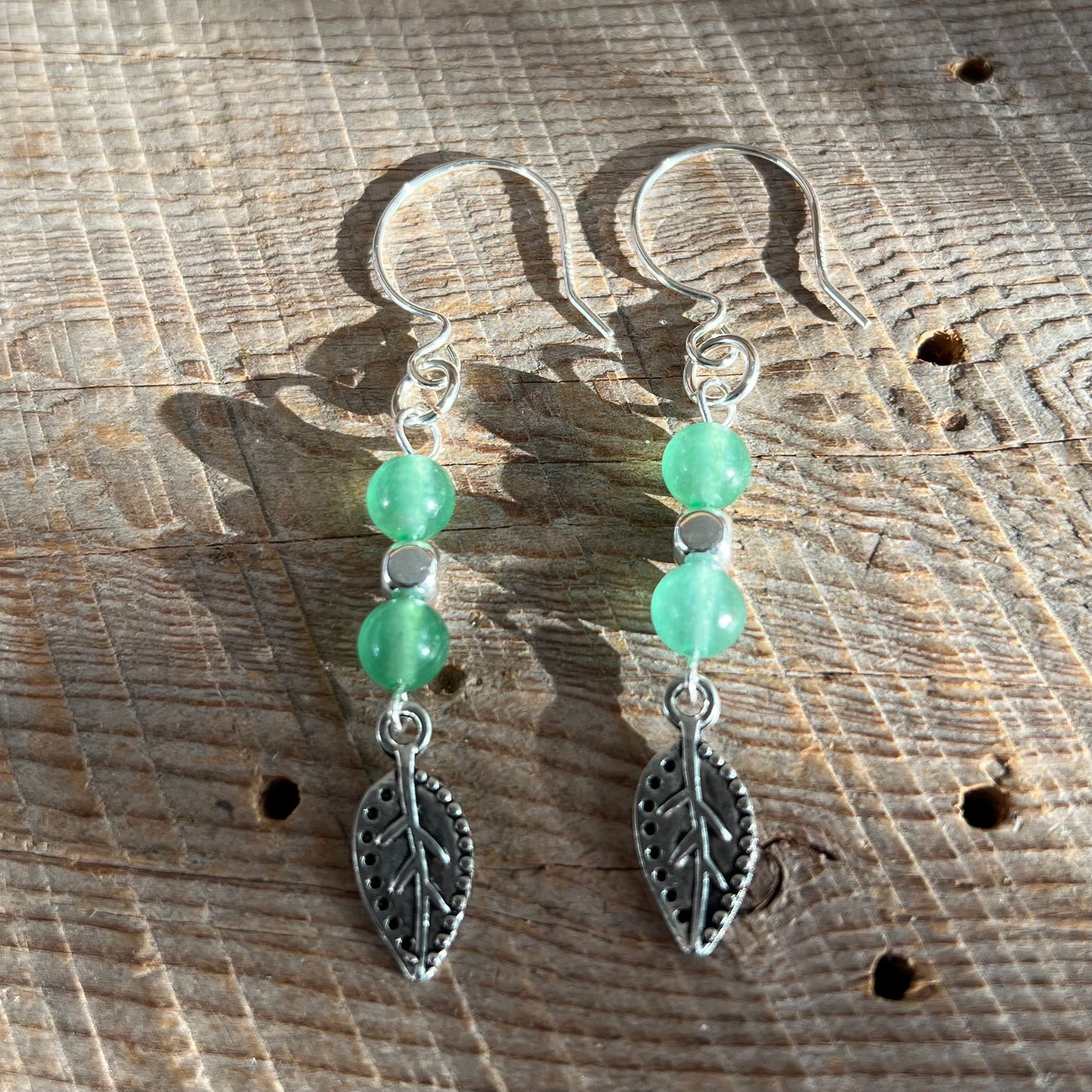 SariBlue® Elita Green Aventurine Earrings with Leaf Charm and Sterling Silver Hooks and Accent Beads