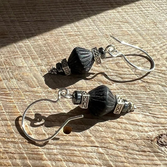 SariBlue®️ Midnight Pressed Czech Glass with Hematite Earrings