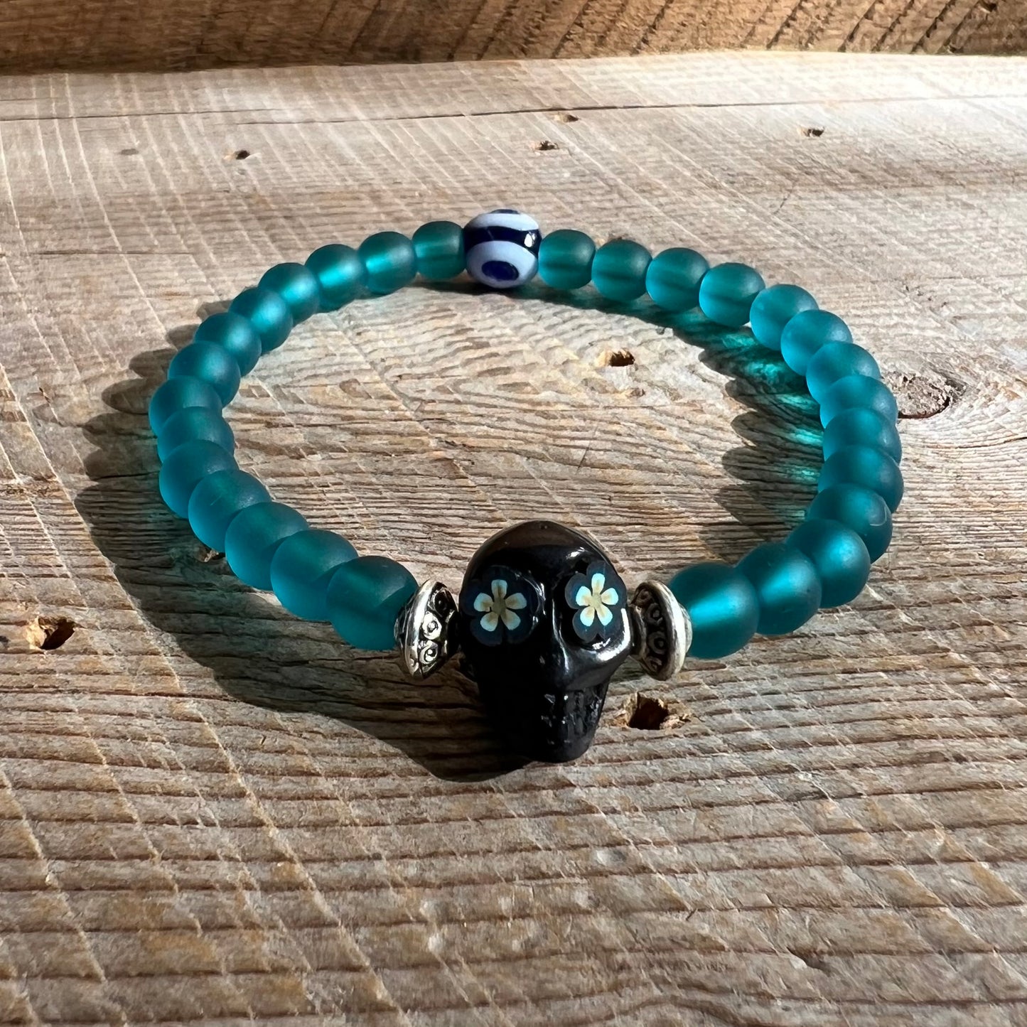 SariBlue® Forget Me Not Sugarskull Bracelet with Evil Eye