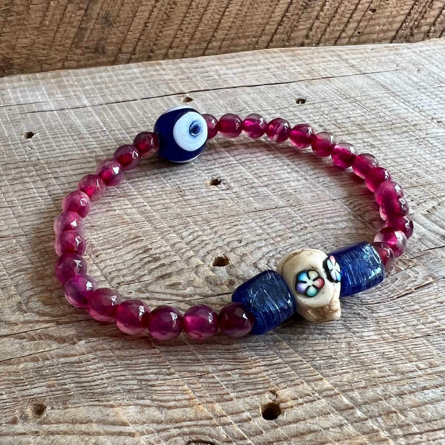 SariBlue® Handmade Sugarskull Bracelet with Navy Accents and Bright Pink Agate
