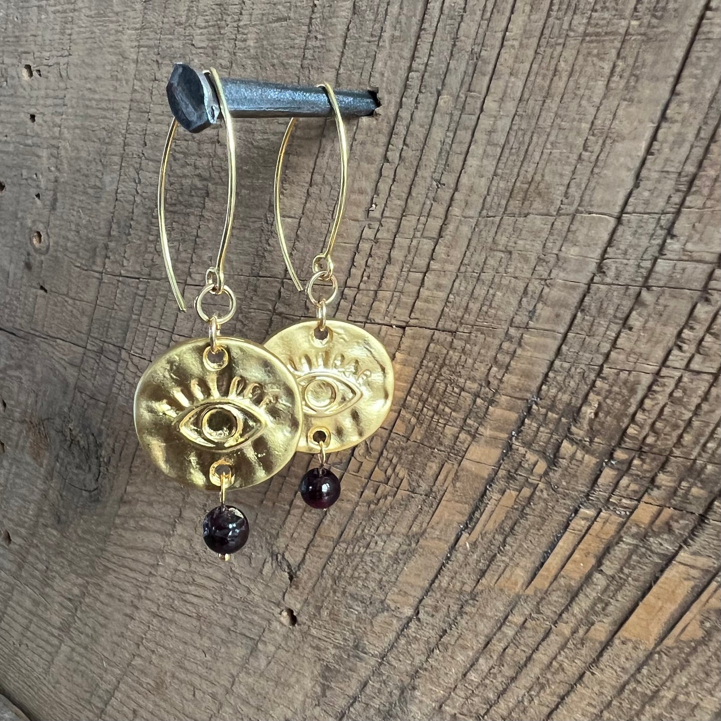 SariBlue® Garnet and Gold All Seeing Eye Earrings
