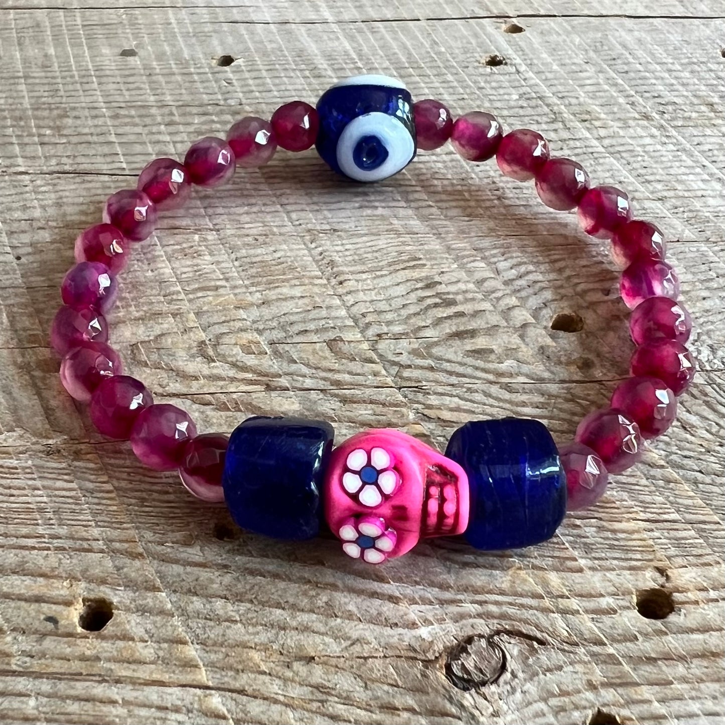 SariBlue® Handmade Sugarskull Bracelet with Navy Accents and Bright Pink Agate