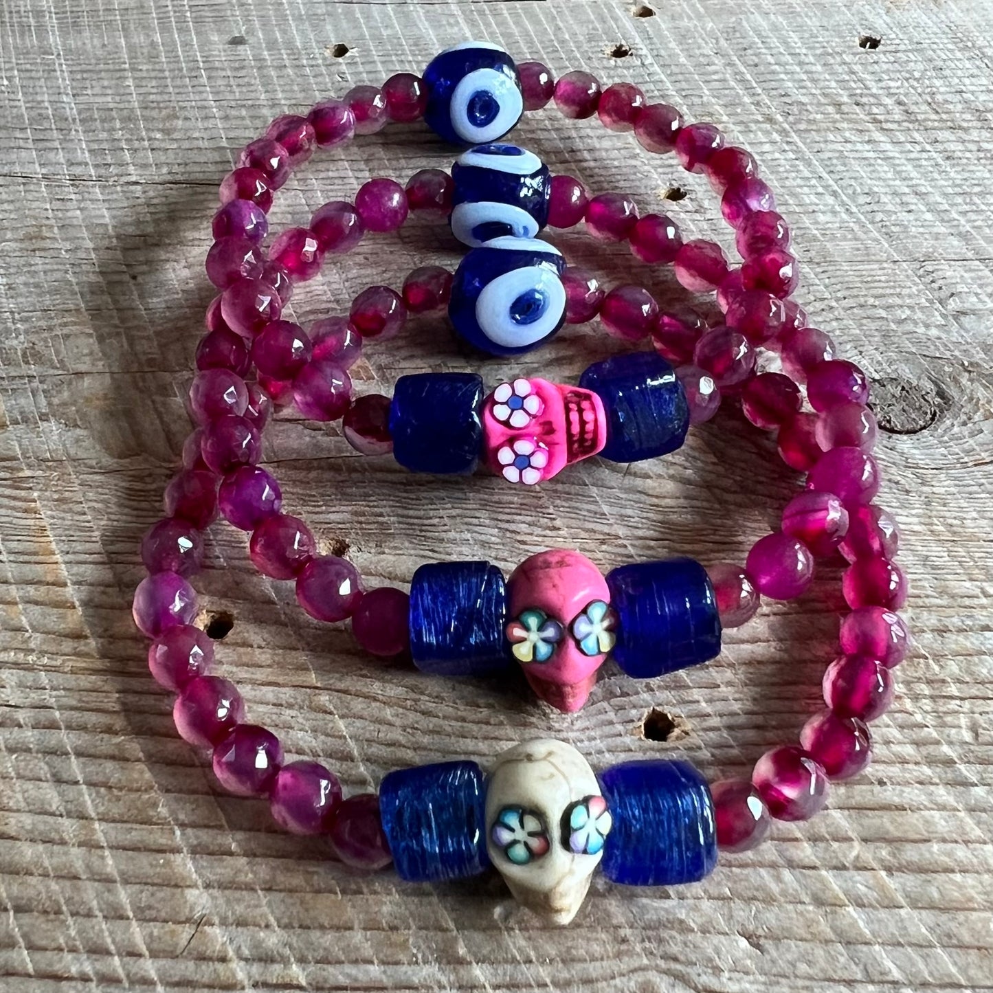 SariBlue® Handmade Sugarskull Bracelet with Navy Accents and Bright Pink Agate