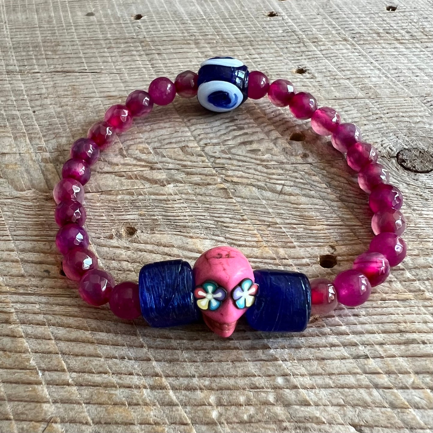 SariBlue® Handmade Sugarskull Bracelet with Navy Accents and Bright Pink Agate