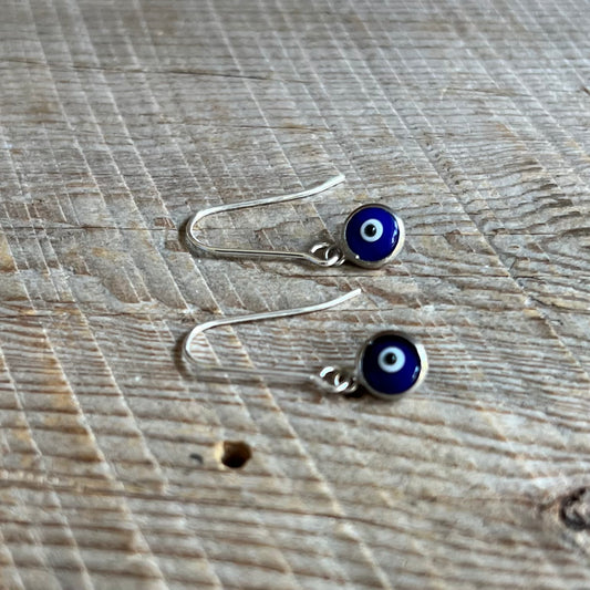 SariBlue® Mini Dark Blue Crystal Evil Eye Earrings on Petite Sterling Silver Hooks