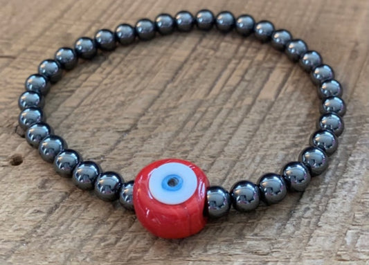 SariBlue® Good Vibes Flat Glass Evil Eye Handmade Turkish Bead and Hematite Bracelet