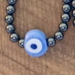 SariBlue® Good Vibes Flat Glass Evil Eye Handmade Turkish Bead and Hematite Bracelet