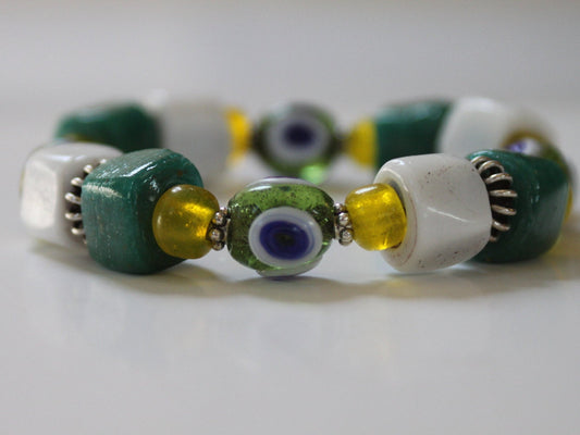 SariBlue® Green, White, & Yellow Handcrafted Glass Bead Bracelet