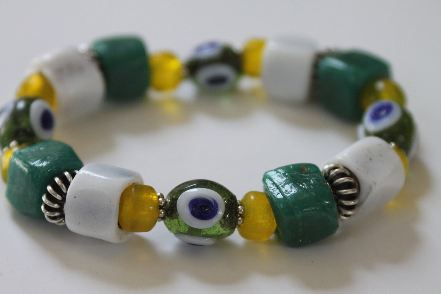 SariBlue® Green, White, & Yellow Handcrafted Glass Bead Bracelet