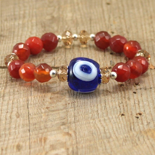 SariBlue® Orange Carnelian Evil Eye Bracelet