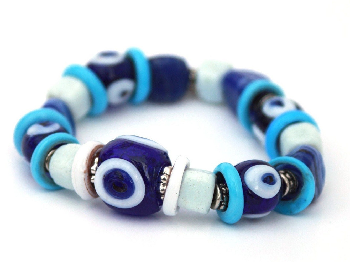 SariBlue® Blue & White Handmade Glass Evil Eye Bead Bracelet