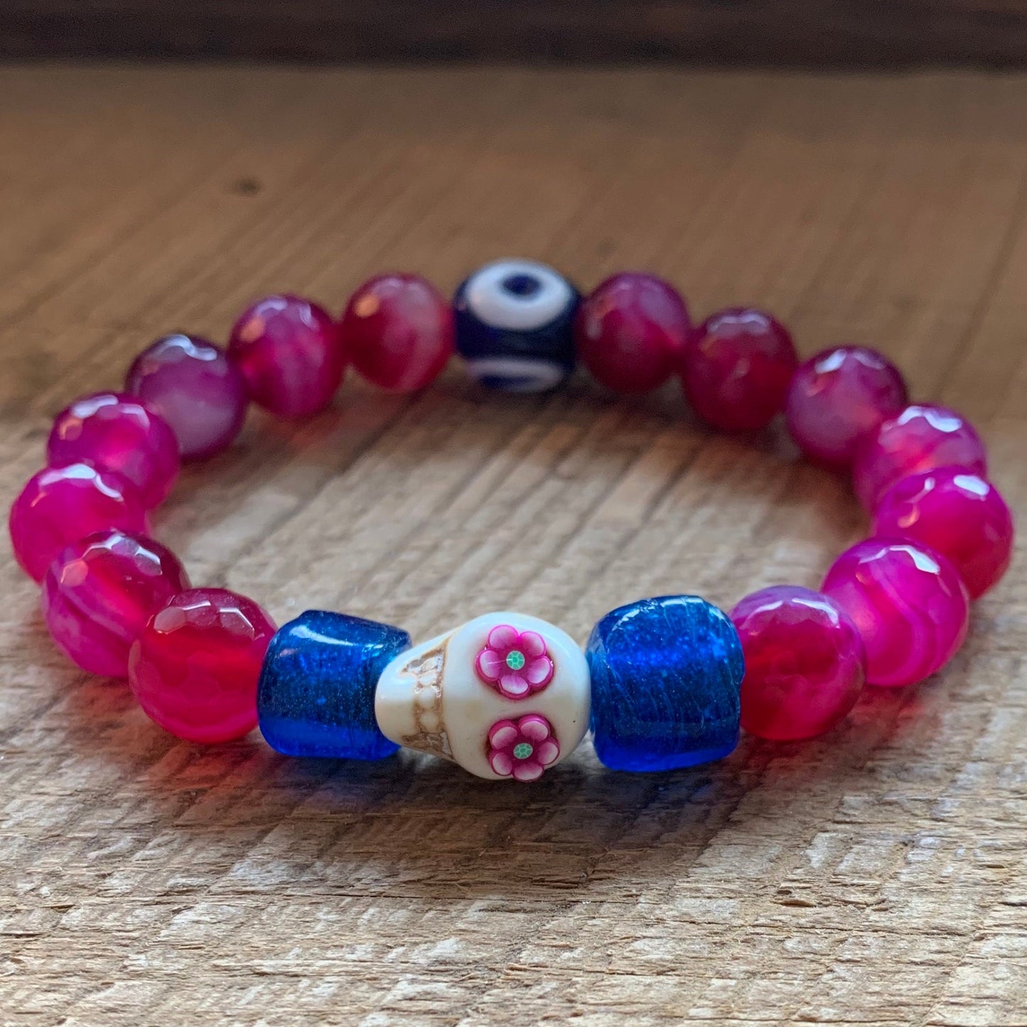 SariBlue® Handmade Pink Sugarskull Bracelet with Blue Accents