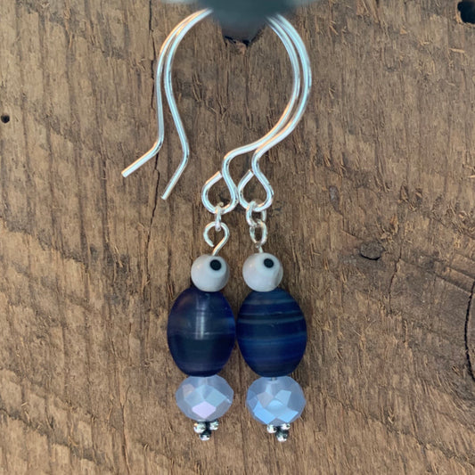 SariBlue® Tiny Navy Blue Striated Czech Glass Beads with Clear Evil Eyes Earrings