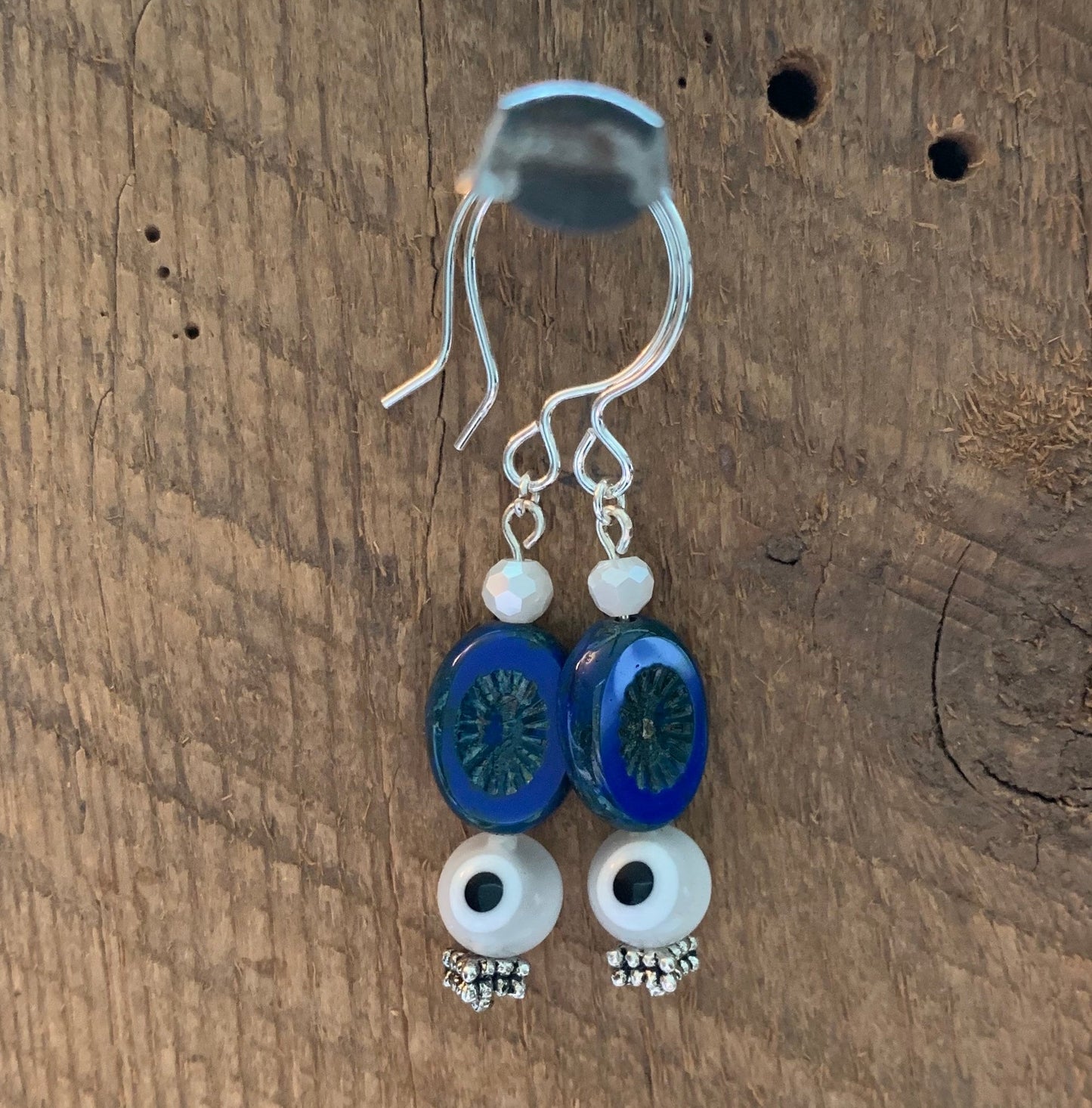 SariBlue® Navy Blue Handmade Czech Glass Beads with White Evil Eyes Earrings