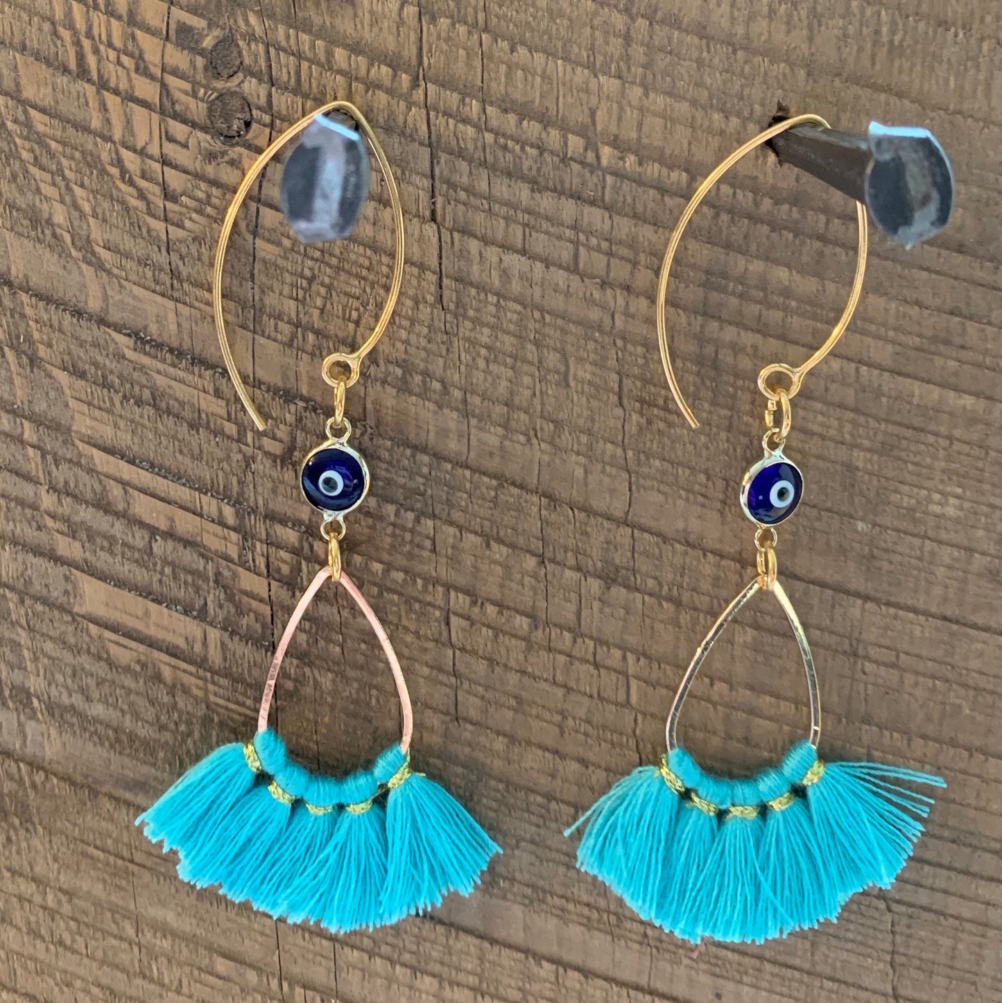 SariBlue® Crystal Evil Eye with Long Gold Hooks and Teardrop Tassel Earrings