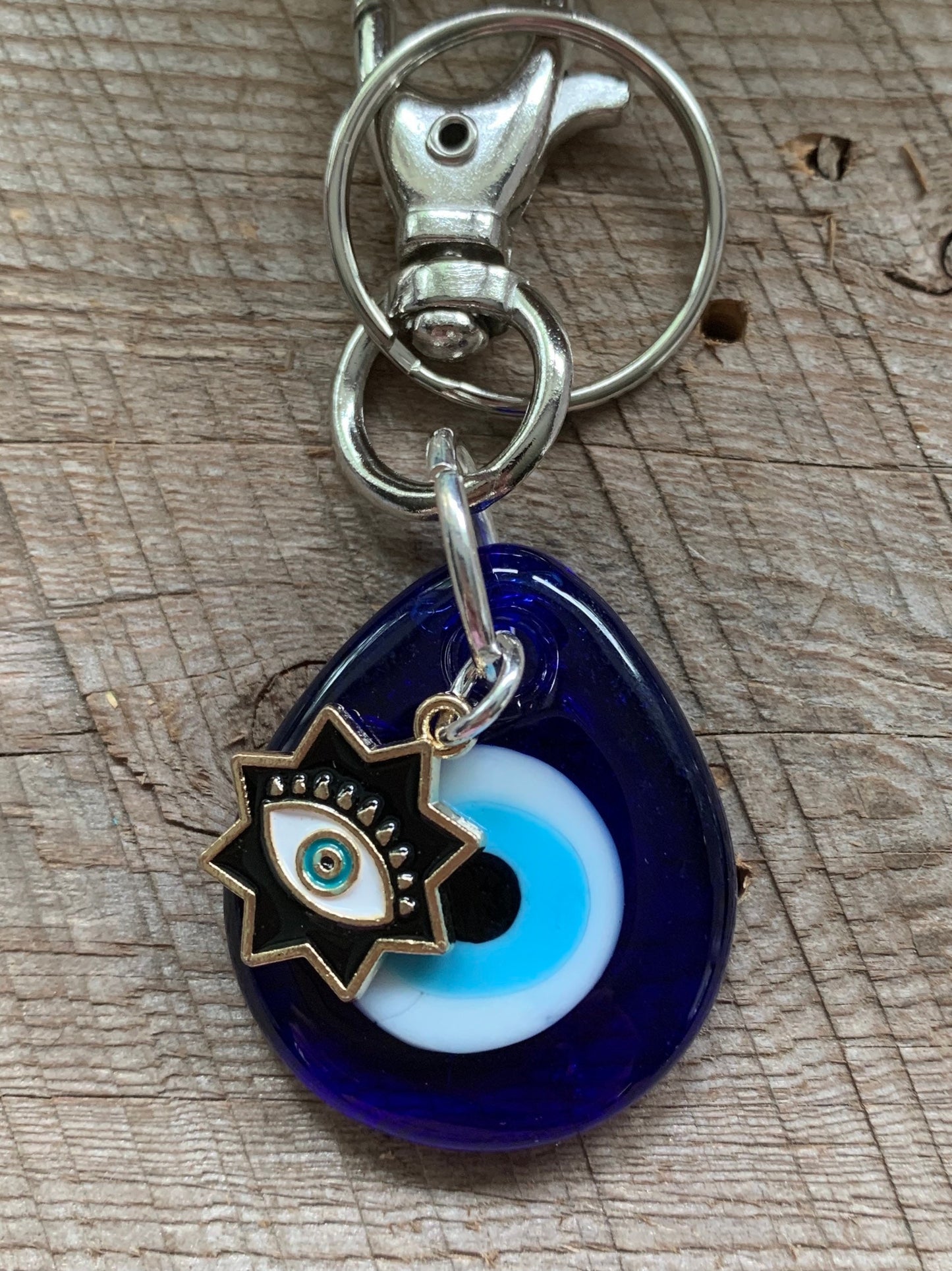 SariBlue® Blue Glass Teardrop Evil Eye Keychain with Circle or Star Evil Eye Charm