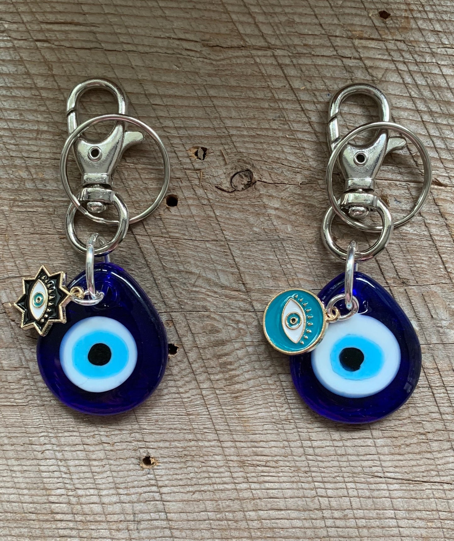 SariBlue® Blue Glass Teardrop Evil Eye Keychain with Circle or Star Evil Eye Charm