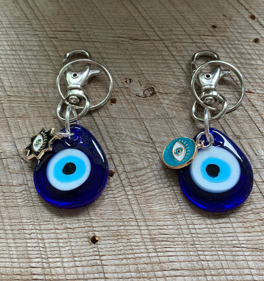 SariBlue® Blue Glass Teardrop Evil Eye Keychain with Circle or Star Evil Eye Charm