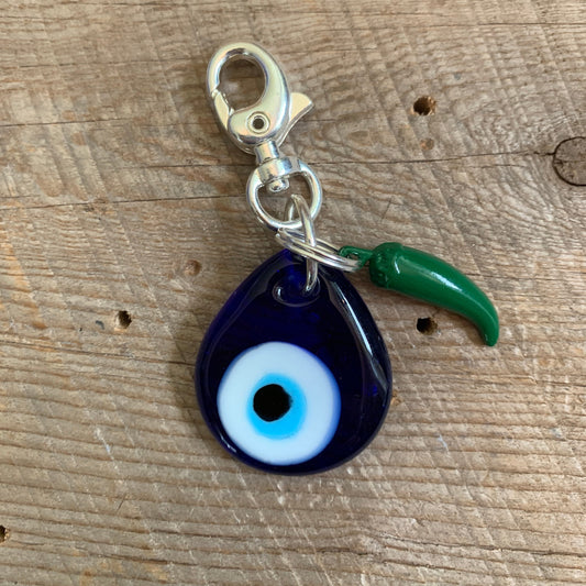 SariBlue® Blue Teardrop Evil Eye Keychain with Green Jalapeño Charm