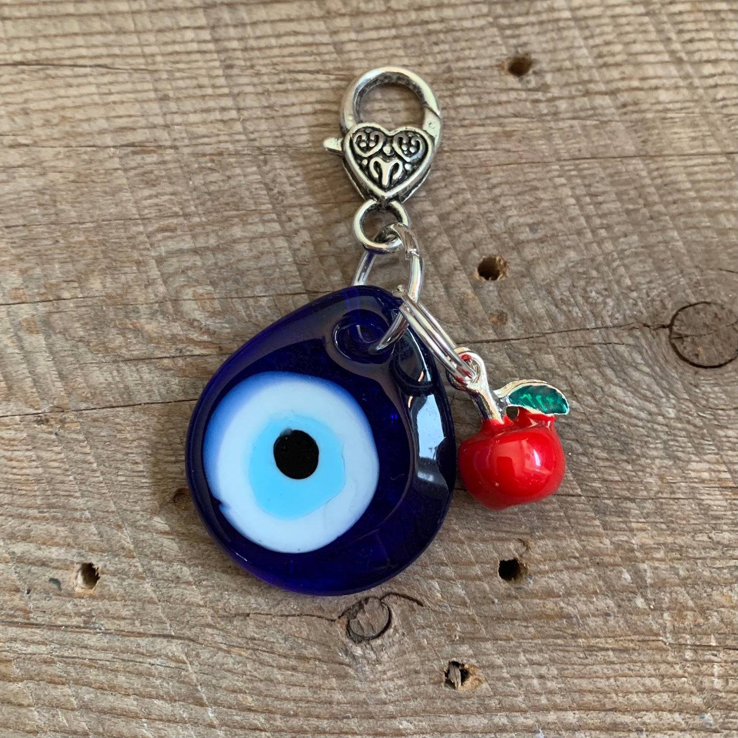 SariBlue® Blue Teardrop Evil Eye Keychain with Red Apple Charm