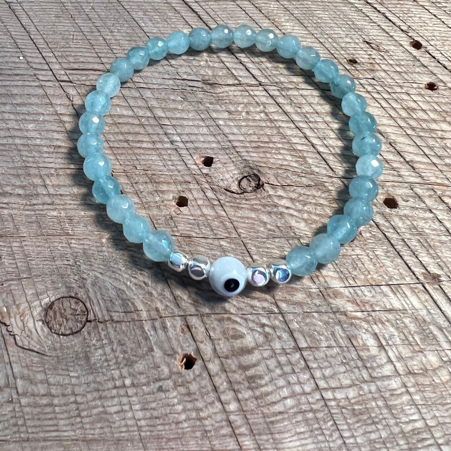 SariBlue® Aqua Quartzite Bracelet with Sterling Silver Beads & Clear Evil Eye