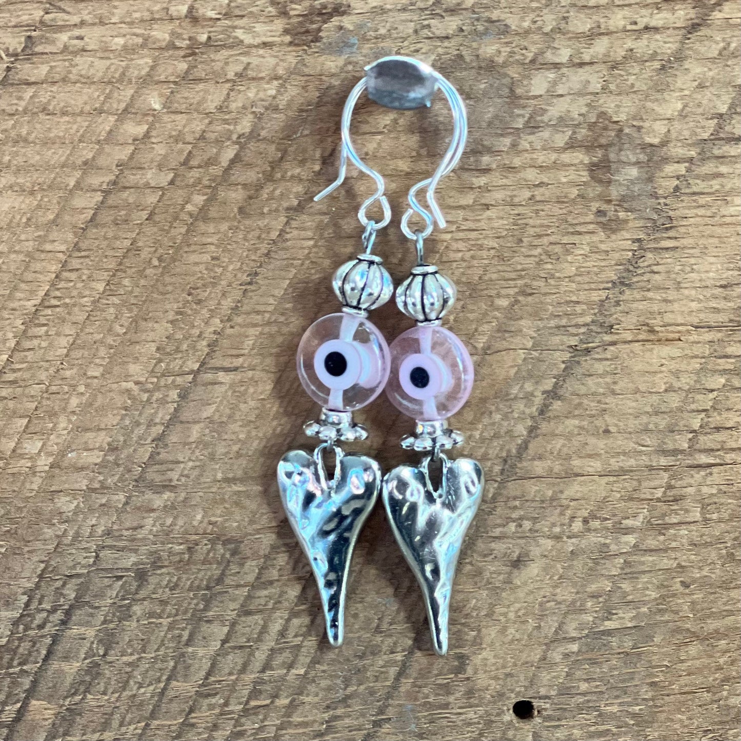 SariBlue® Pink Evil Eye and Rustic Silver Heart Earrings