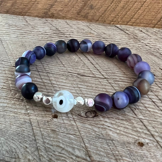 SariBlue® Matte Dragon’s Vein Purple Agate with Clear Evil Eye and Sterling Silver Beads Bracelet