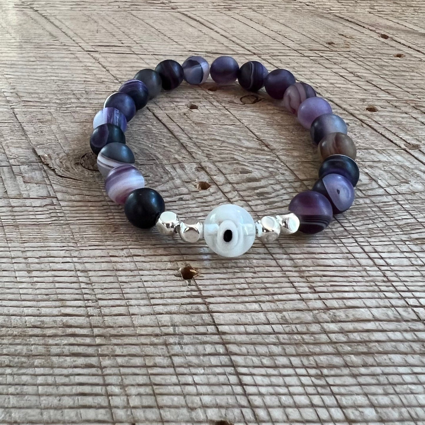 SariBlue® Matte Dragon’s Vein Purple Agate with Clear Evil Eye and Sterling Silver Beads Bracelet