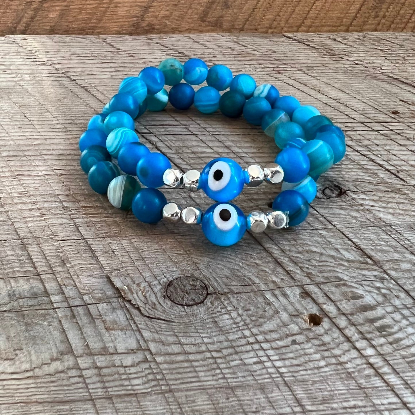 SariBlue® Ultra Blue Agate with Light Blue Evil Eye and Sterling Silver Beads Bracelet