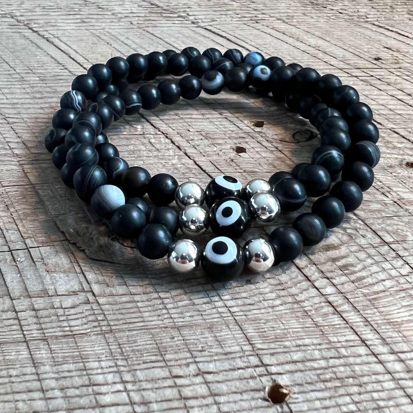SariBlue® Evil Eye and Matte Black Agate with Sterling Silver Beads Bracelet